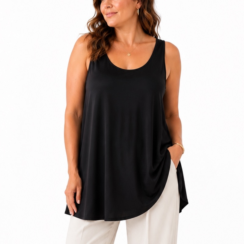 Eileen Fisher Stretch Silk Jersey Tank Top L Black A- Line Longline